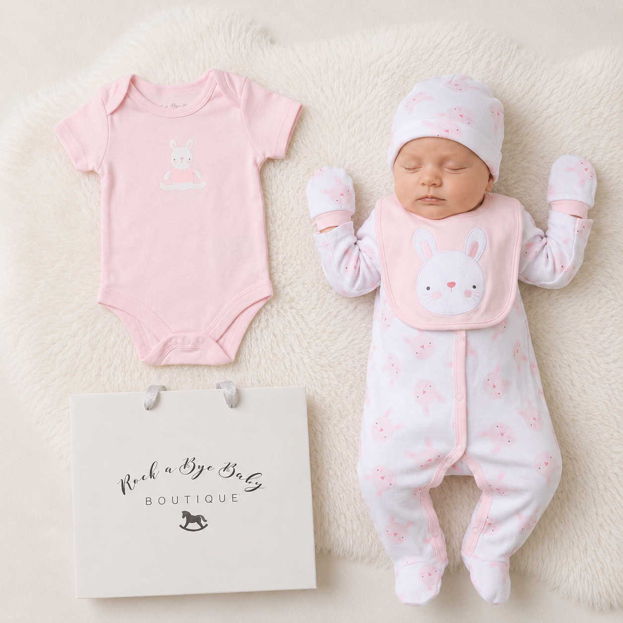 Newborn baby in pink outfit with matching onesie and hat, branded 'Rock a Bye Baby Boutique'.