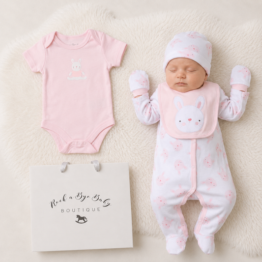 Newborn baby in pink outfit with matching onesie and hat, branded 'Rock a Bye Baby Boutique'.