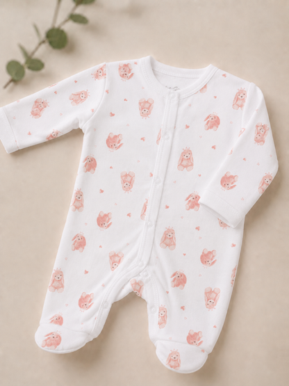 Baby onesie with pink animal pattern on a beige background