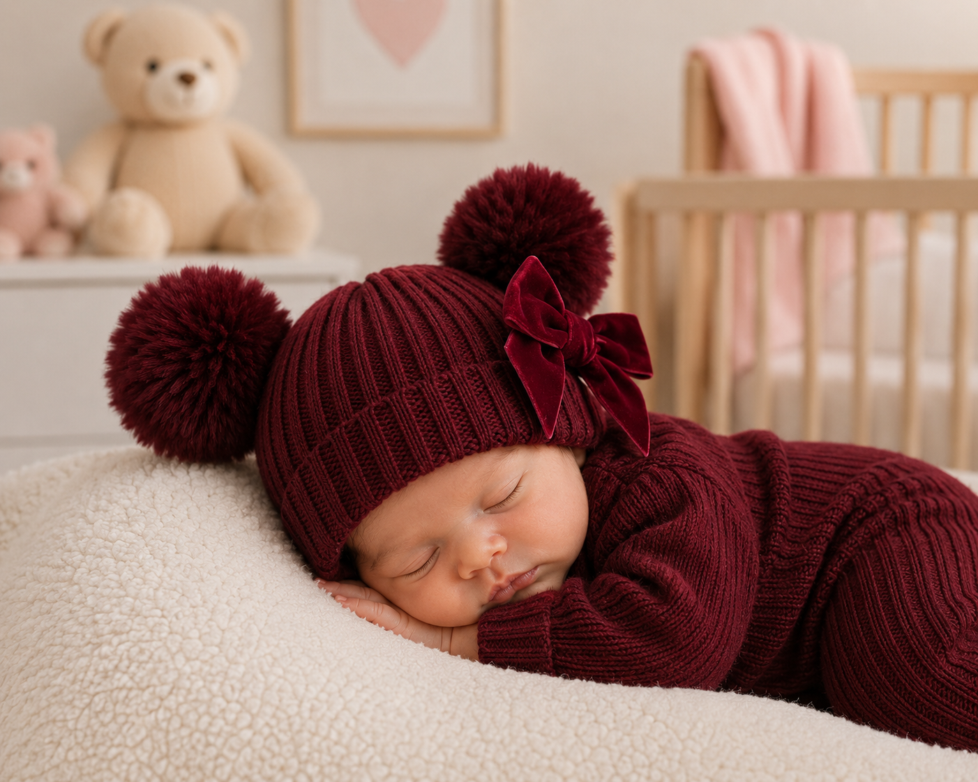Newborn baby in a maroon outfit with pom-poms and a bow, sleeping on a white blanket in a nursery.