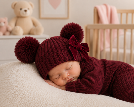 Newborn baby in a maroon outfit with pom-poms and a bow, sleeping on a white blanket in a nursery.