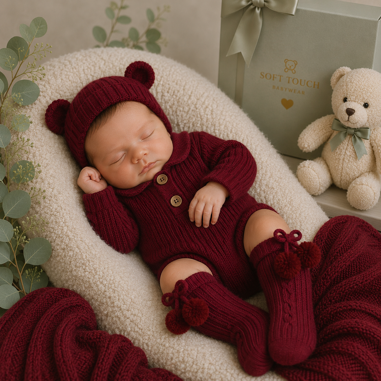 Newborn baby in a red outfit with matching hat and socks, surrounded by soft textures and a teddy bear.
