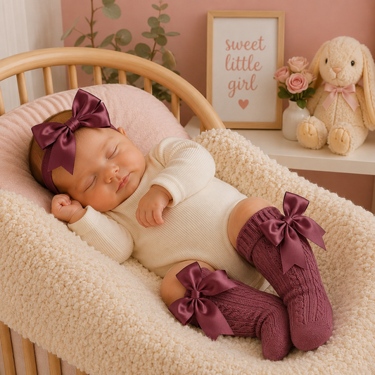 Baby sleeping in a crib with maroon bows, wearing a headband and socks.