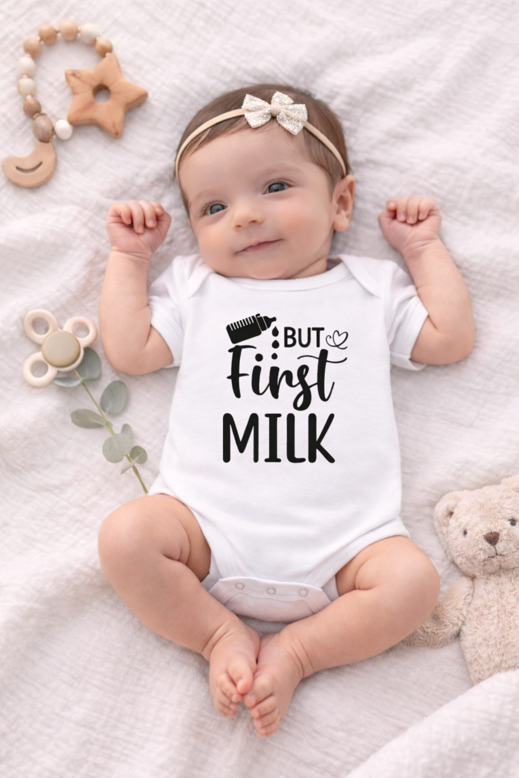 "But First Milk" Baby Bodysuit – Newborn Gift