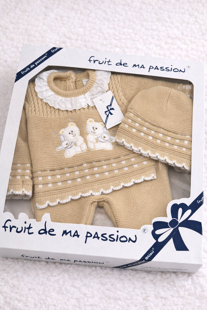 Spanish Knitted Baby Outfit Set - Beige Bear Knitted Outfit with Hat Gift Box