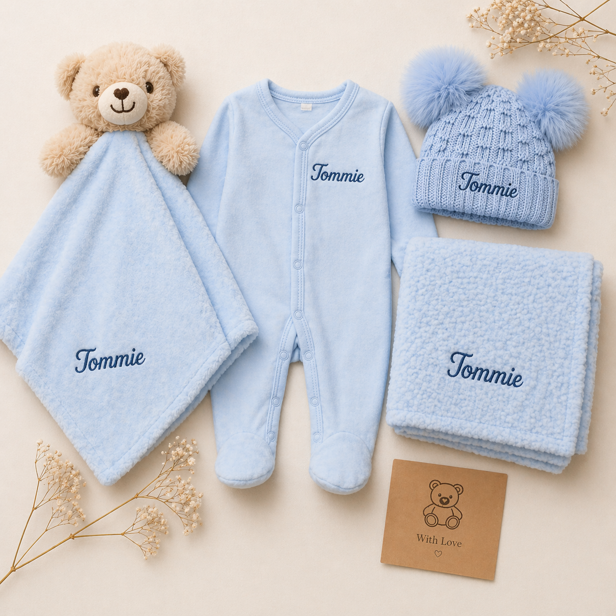 Personalised Blue Bubble Blanket Box | Babygrow, Hat, Blanket & Comforter