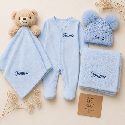 Personalised Blue Bubble Blanket Box | Babygrow, Hat, Blanket & Comforter