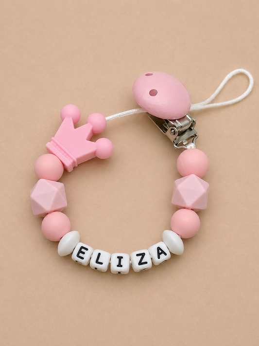 Personalised Crown Dummy Clip – All Pink (Small Plastic Letter Design)