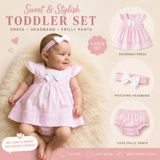 Pink 3-Piece Baby Dress Set with Bow