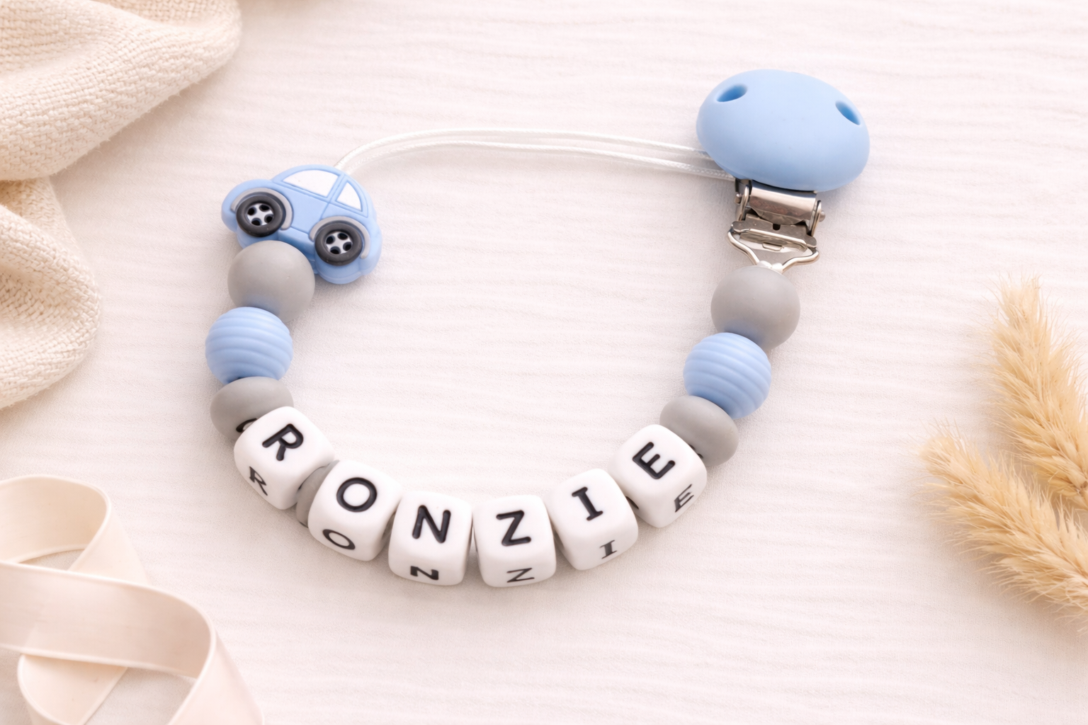 Blue/grey Car Dummy Clip - Custom Silicone Pacifier Holder (Silicone Letter Design)