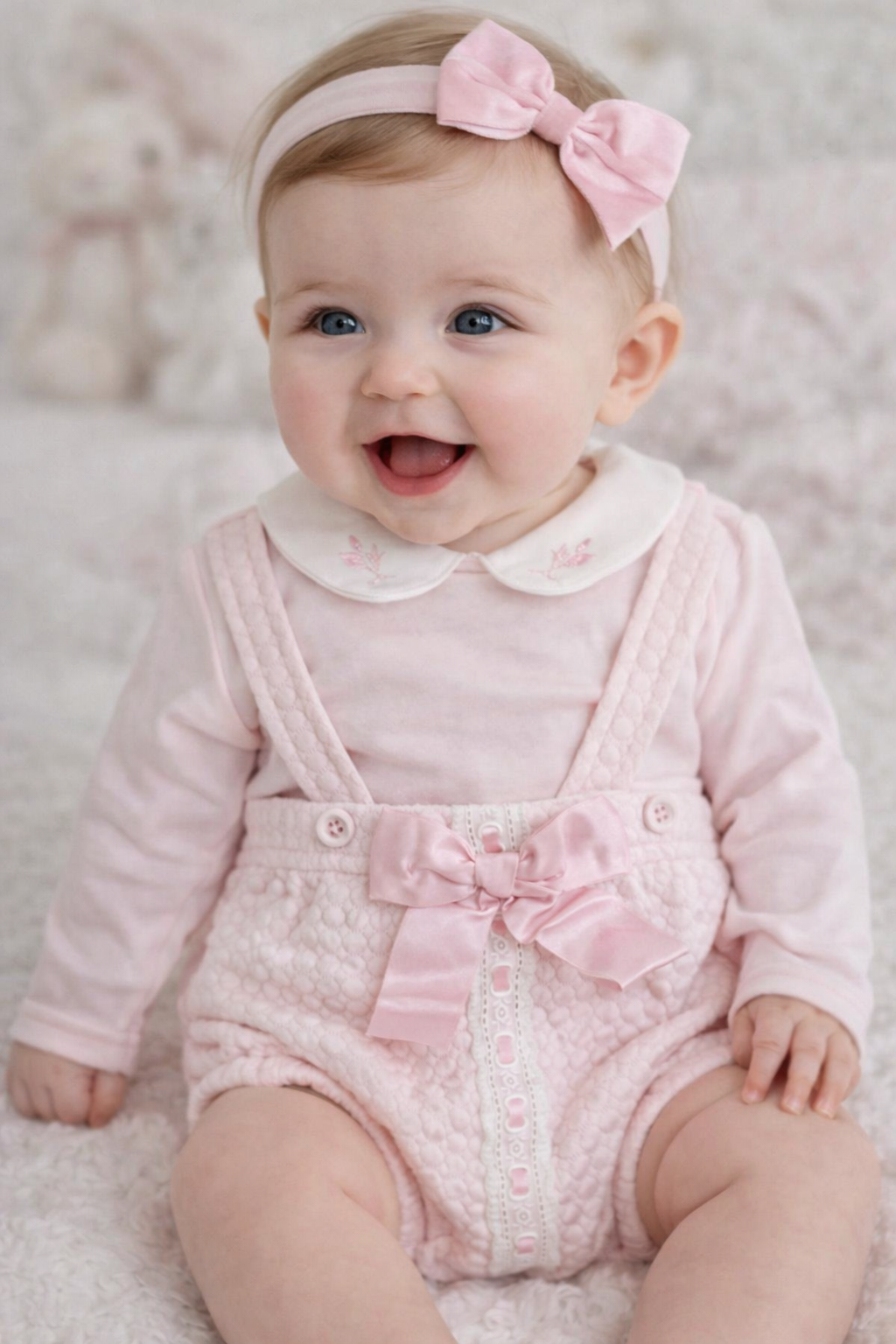 Spanish Style Baby Romper Set with Bow - Pink Floral Dungarees & Headband
