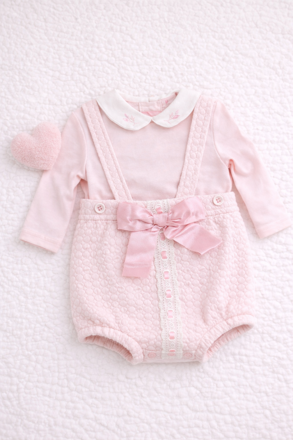 Spanish Style Baby Romper Set with Bow - Pink Floral Dungarees & Headband