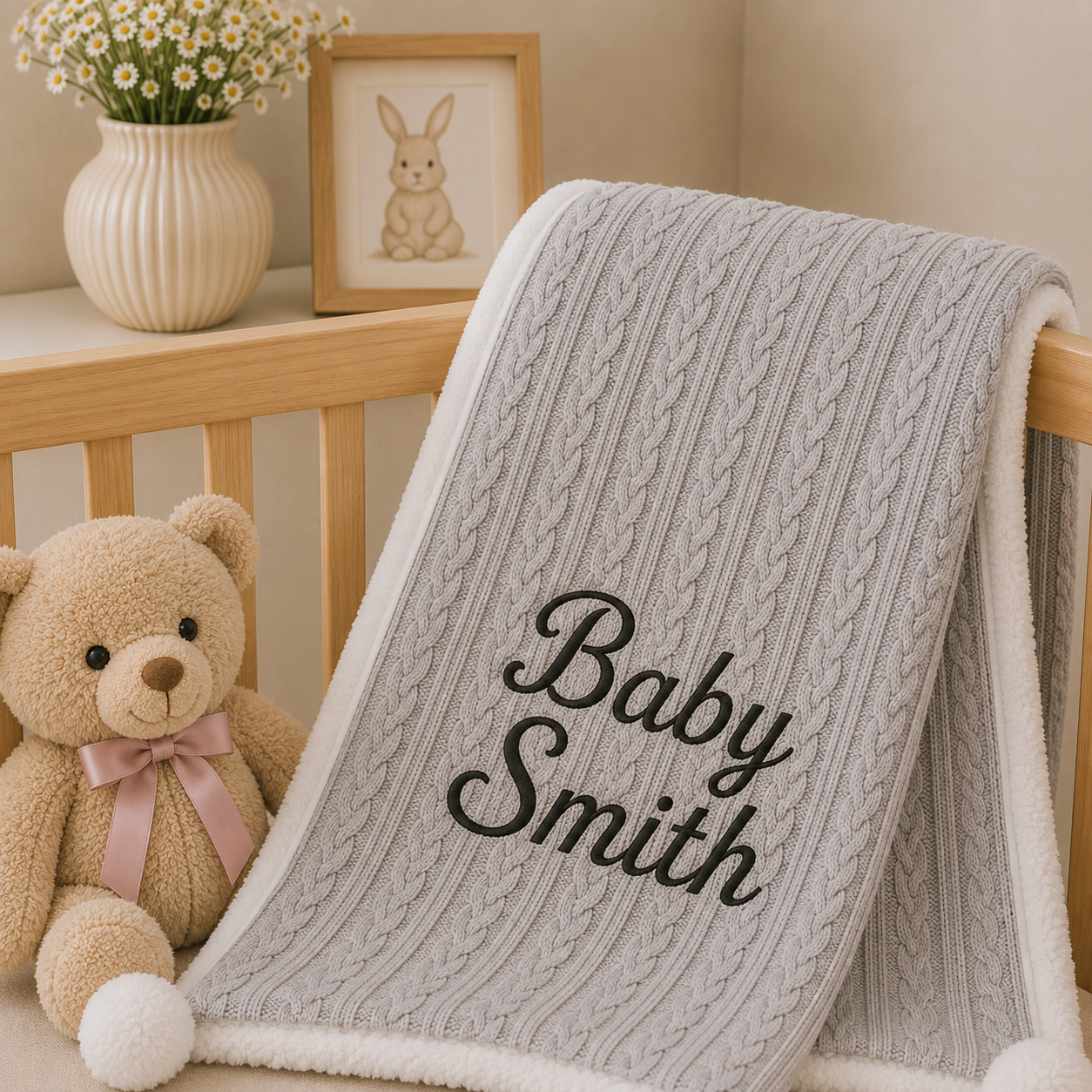 Personalised Spanish Baby Blanket | Cable Knit Pom Pom Sherpa | PREORDER