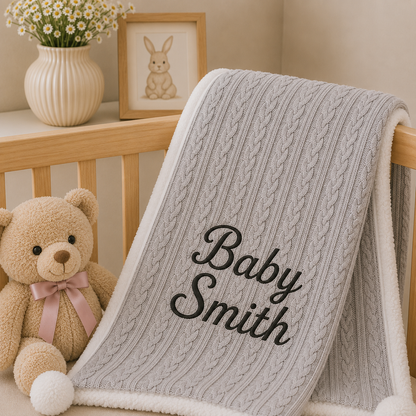 Personalised Spanish Baby Blanket | Cable Knit Pom Pom Sherpa | PREORDER