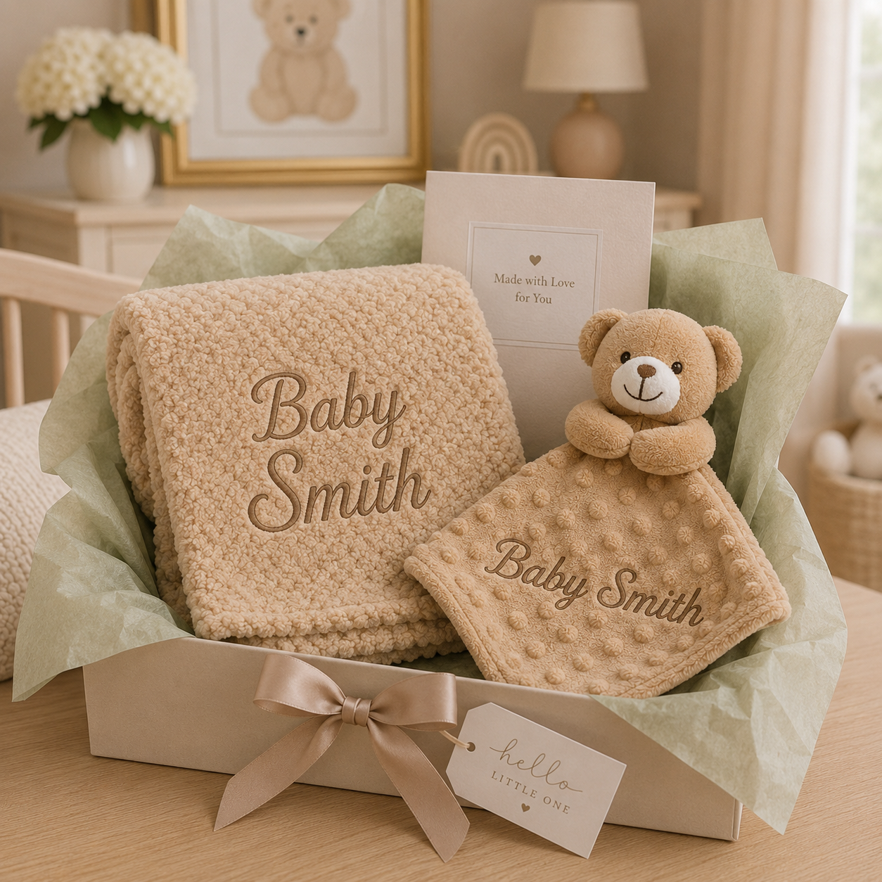 Personalised cream bubble blanket and teddy bear comforter unisex baby gift box with sage green tissue paper and hello little one gift tag.