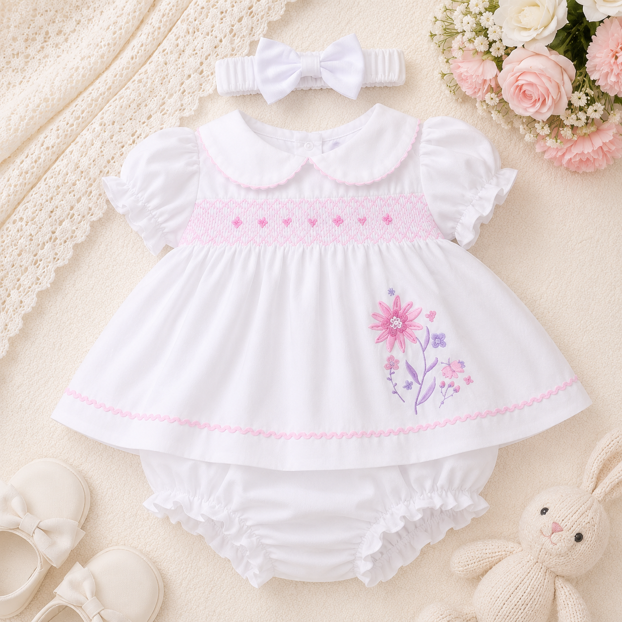 White Floral Baby Dress Set with Bloomer & Headband