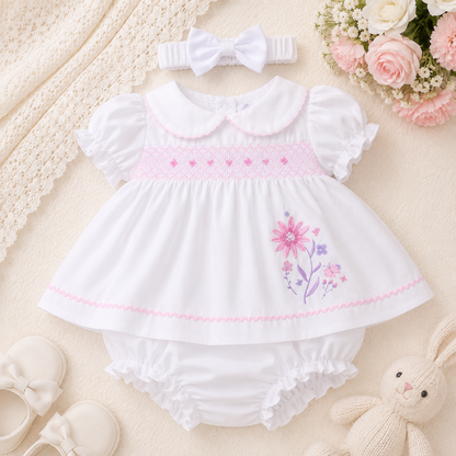 White Floral Baby Dress Set with Bloomer & Headband