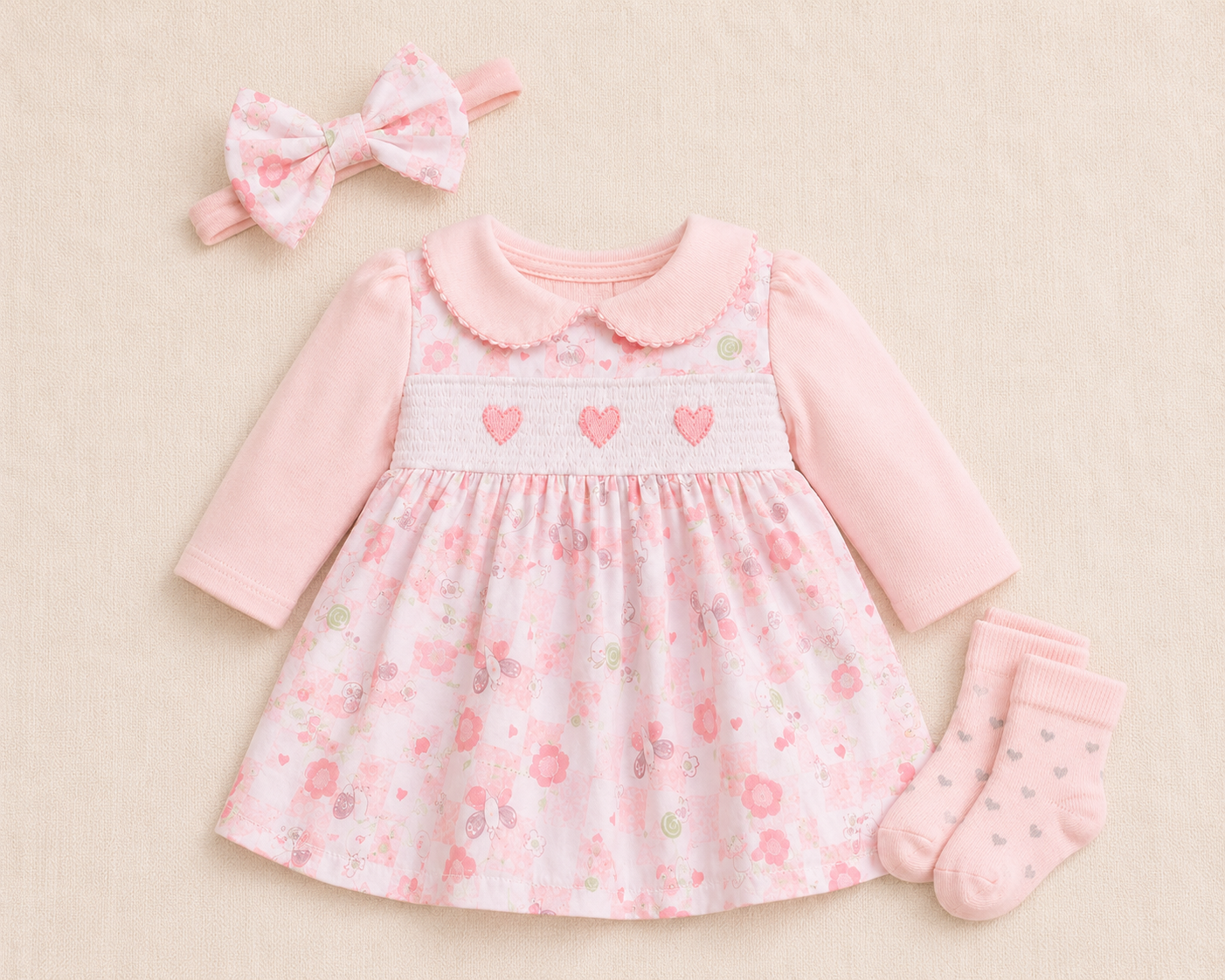 Pink Floral Heart Baby Dress Set with Headband & Socks