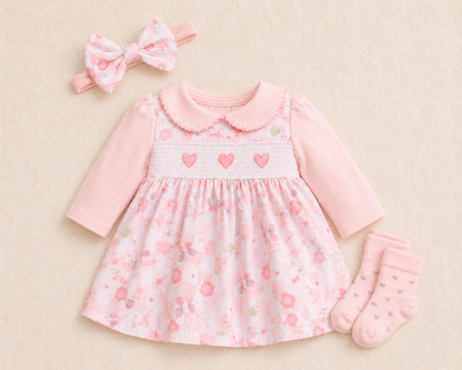 Pink Floral Heart Baby Dress Set with Headband & Socks