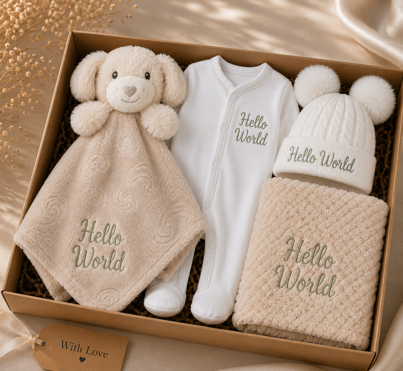 Hello World Baby Gift Box | Babygrow, Hat, Blanket & Puppy Comforter PREORDER