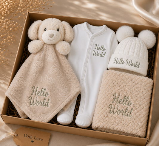 Hello World Baby Gift Box | Babygrow, Hat, Blanket & Puppy Comforter PREORDER