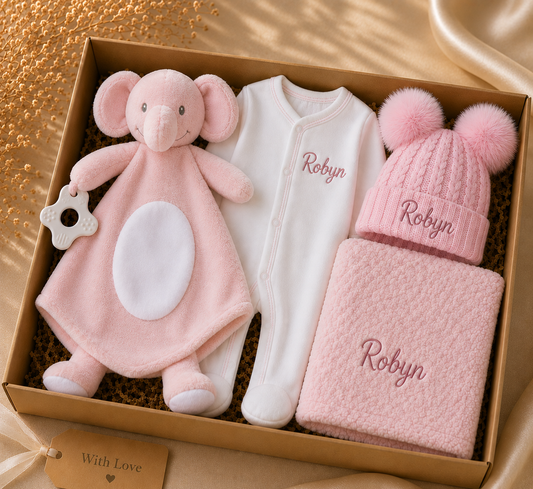 Personalised Pink Elephant Baby Gift Box | Babygrow, Hat, Blanket & Elephant Toy PREORDER