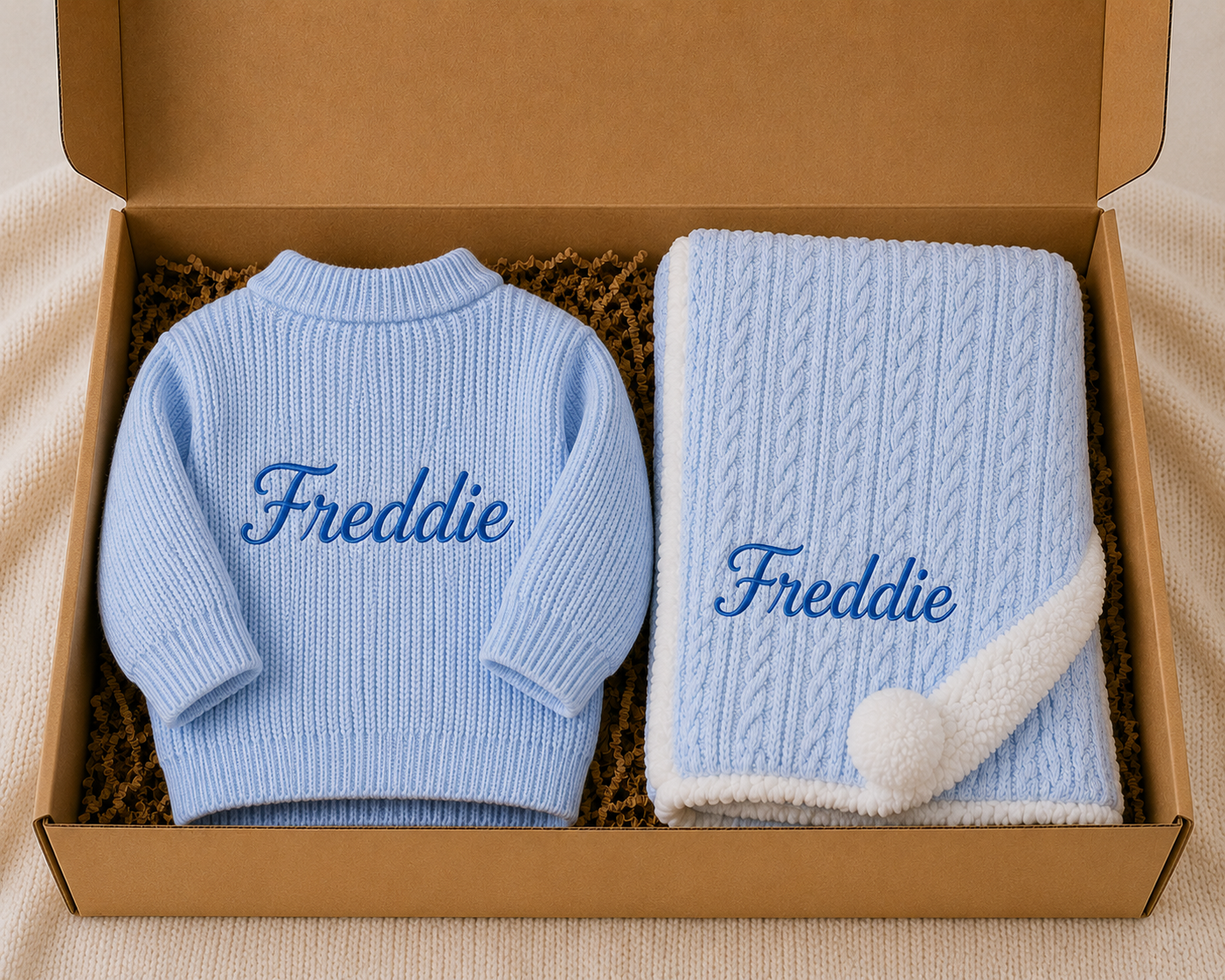 Personalised Baby Cardigan Box — Spanish Pom Pom Blanket - Multiple Colours