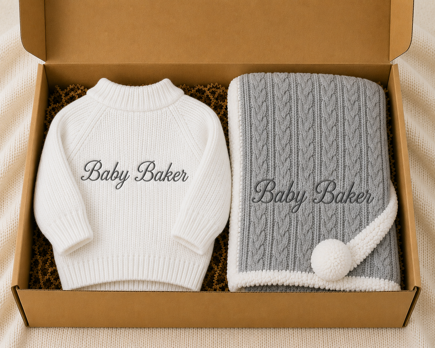 Personalised Baby Cardigan Box — Spanish Pom Pom Blanket - Multiple Colours