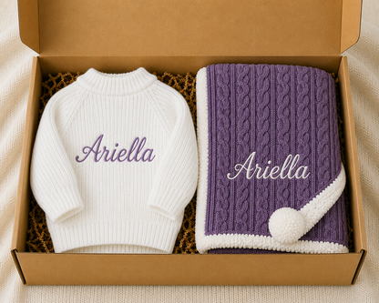 Personalised Baby Cardigan Box — Spanish Pom Pom Blanket - Multiple Colours
