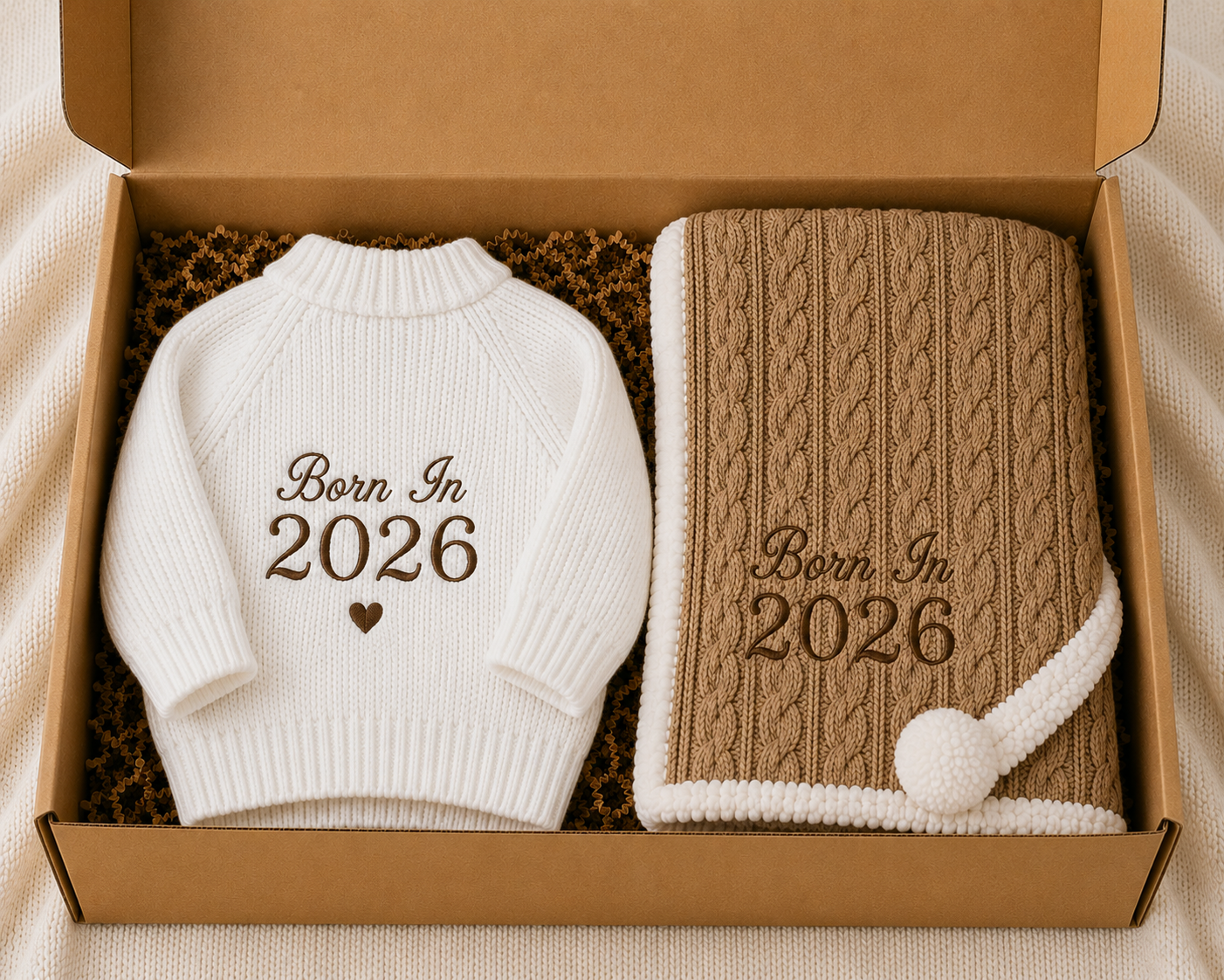 Personalised Baby Cardigan Box — Spanish Pom Pom Blanket - Multiple Colours