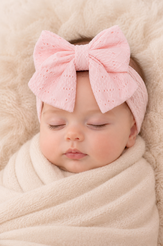 Pink Broderie Bow Baby Headband – Soft Newborn Accessory PREORDER
