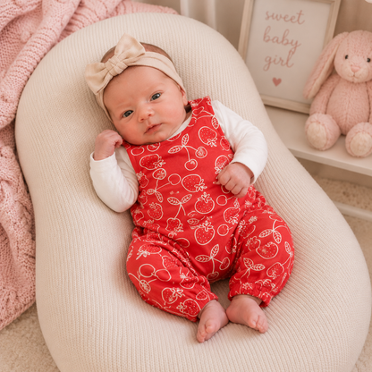 A baby lying on a cream-colored nursing pillow, wearing a red cherry-patterned romper over a white long-sleeve shirt, a beige bow headband, with a pink blanket and a stuffed bunny in the background.