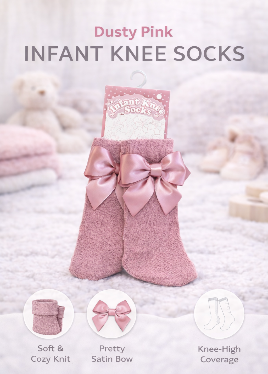 Dusty pink infant knee-high socks worn by baby, soft knit with satin bows