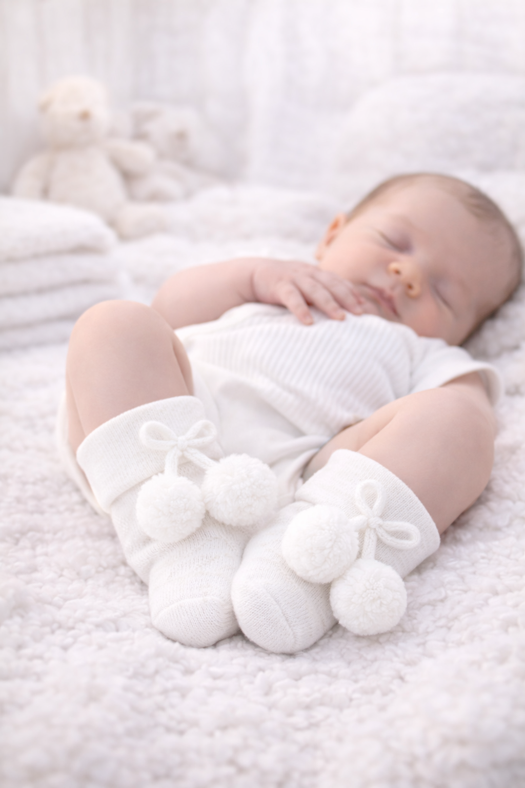 Newborn baby in white onesie wearing white pom-pom socks, resting peacefully