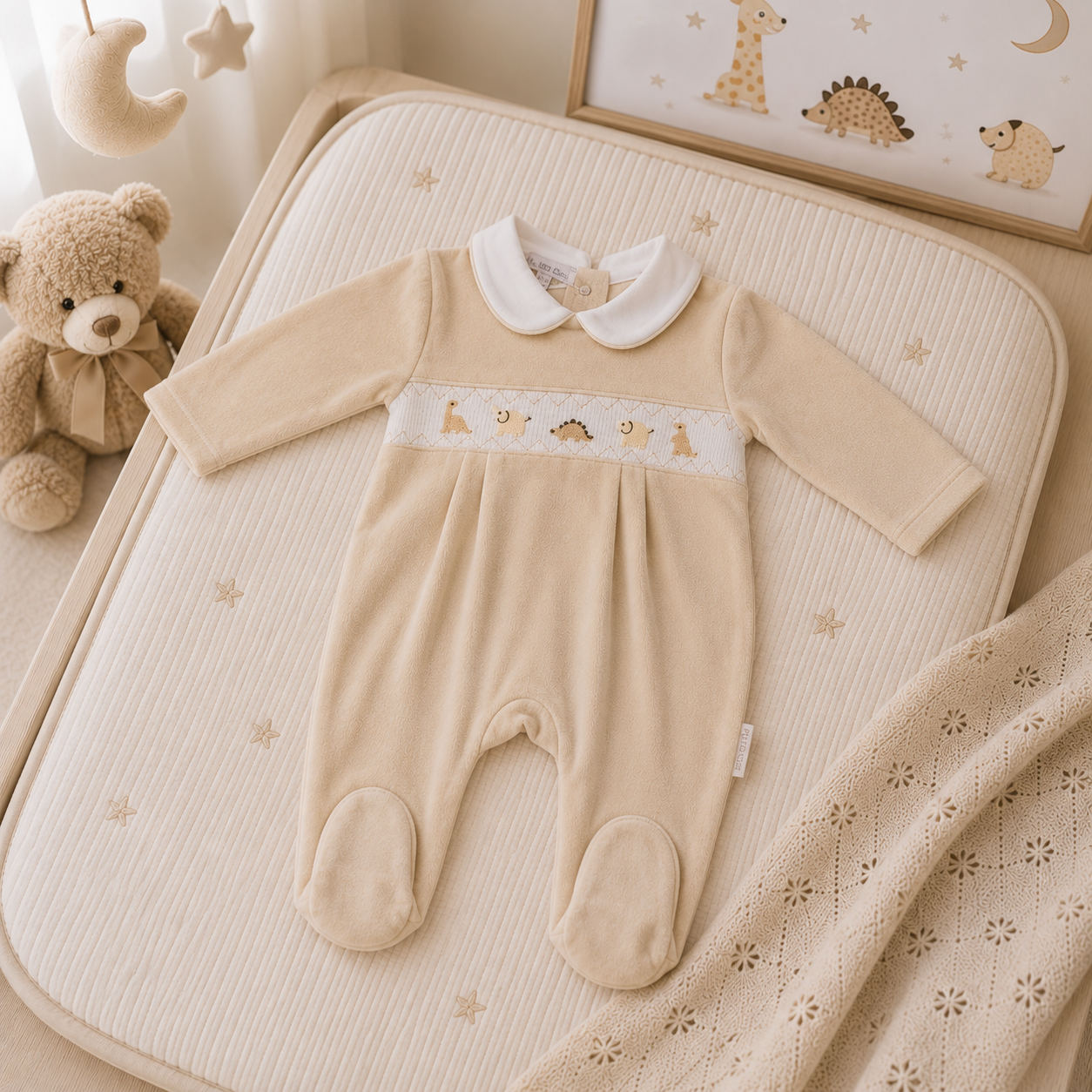 Cream dino smocked sleepsuit with white collar flat lay
