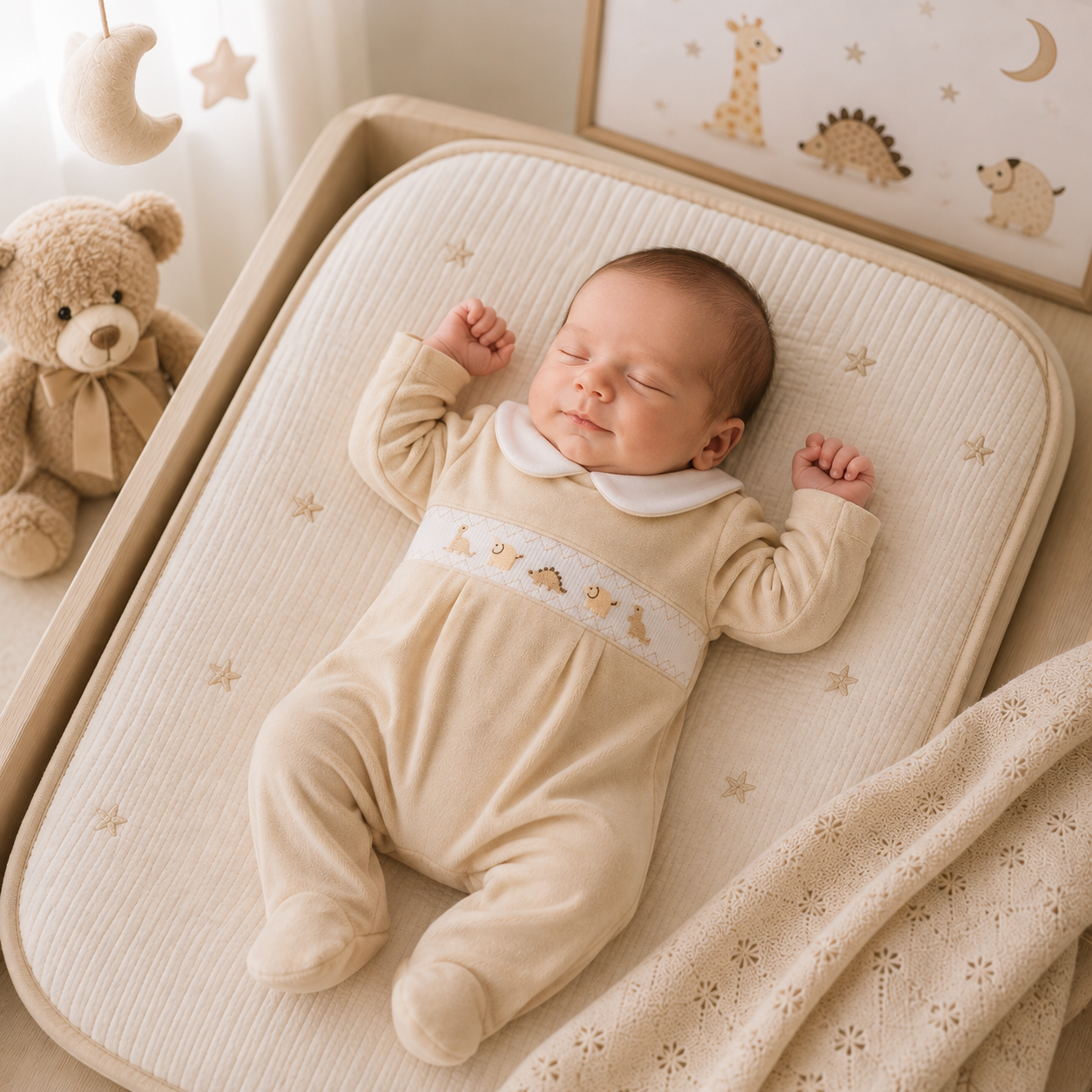 Baby wearing cream dino smocked sleepsuit with white collar