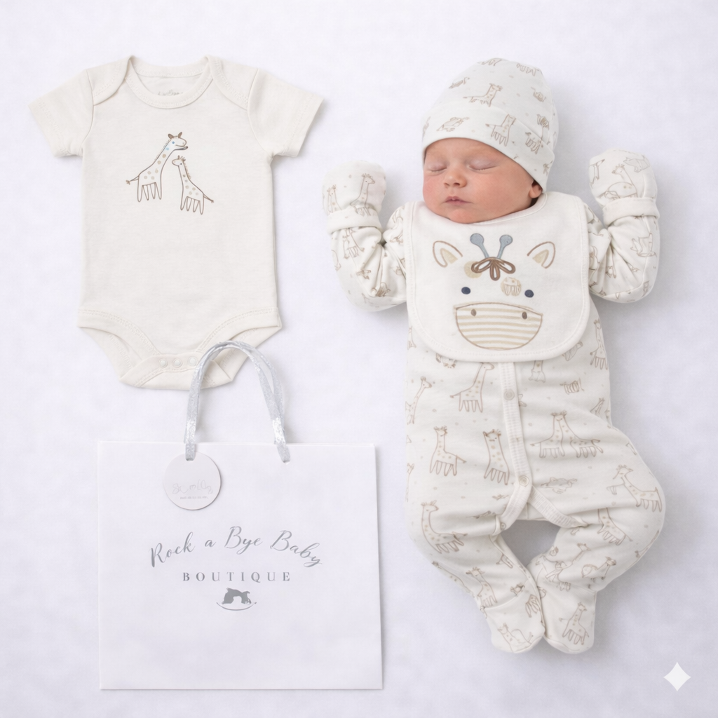 Baby outfit set with onesie, hat, and booties on a white background