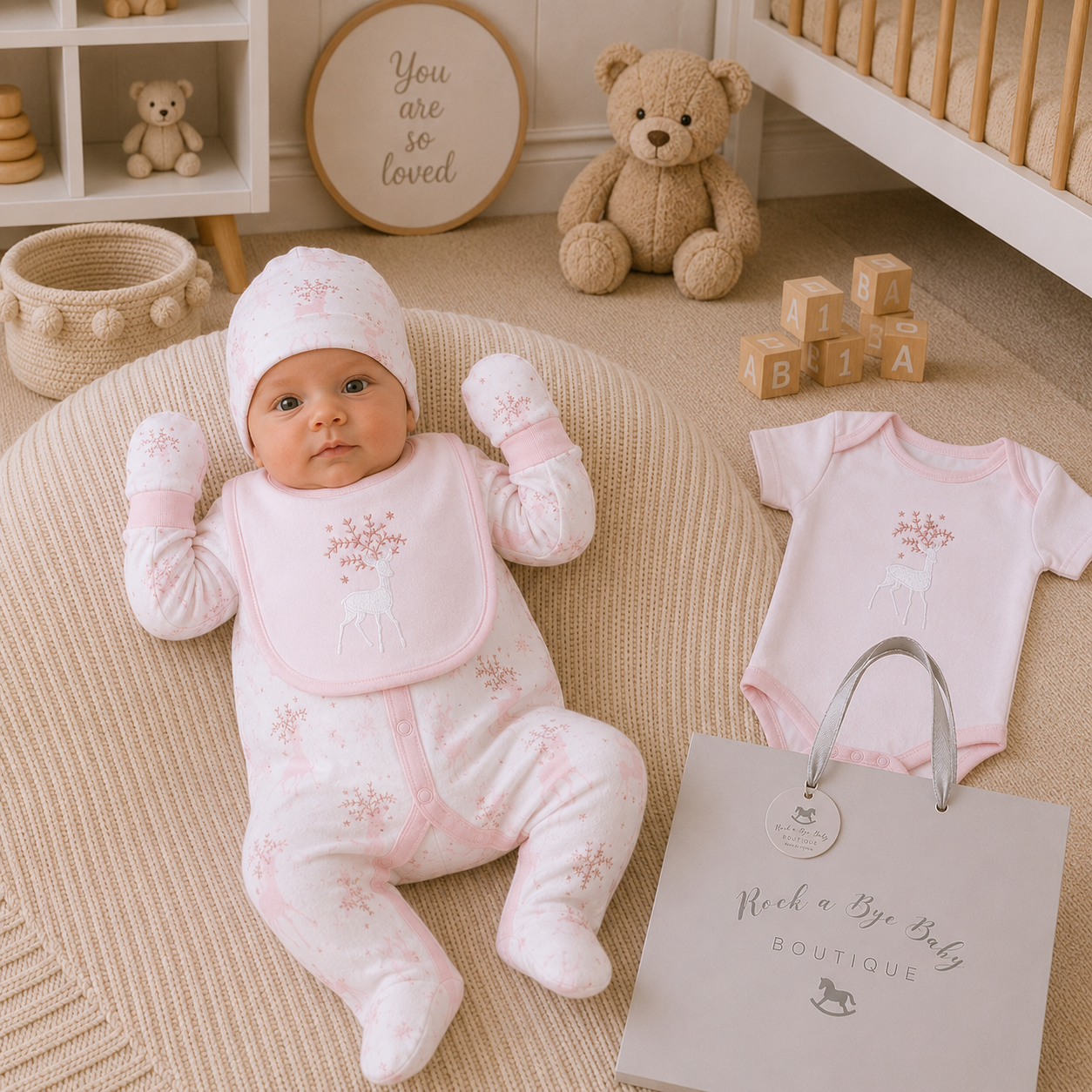 Baby in pink outfit lying on a rug with teddy bear and blocks in a nursery.