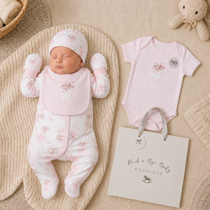 Newborn baby in pink floral outfit with matching hat and booties, next to a pink onesie and 'Rock a Bye Baby Boutique' bag on a textured surface.