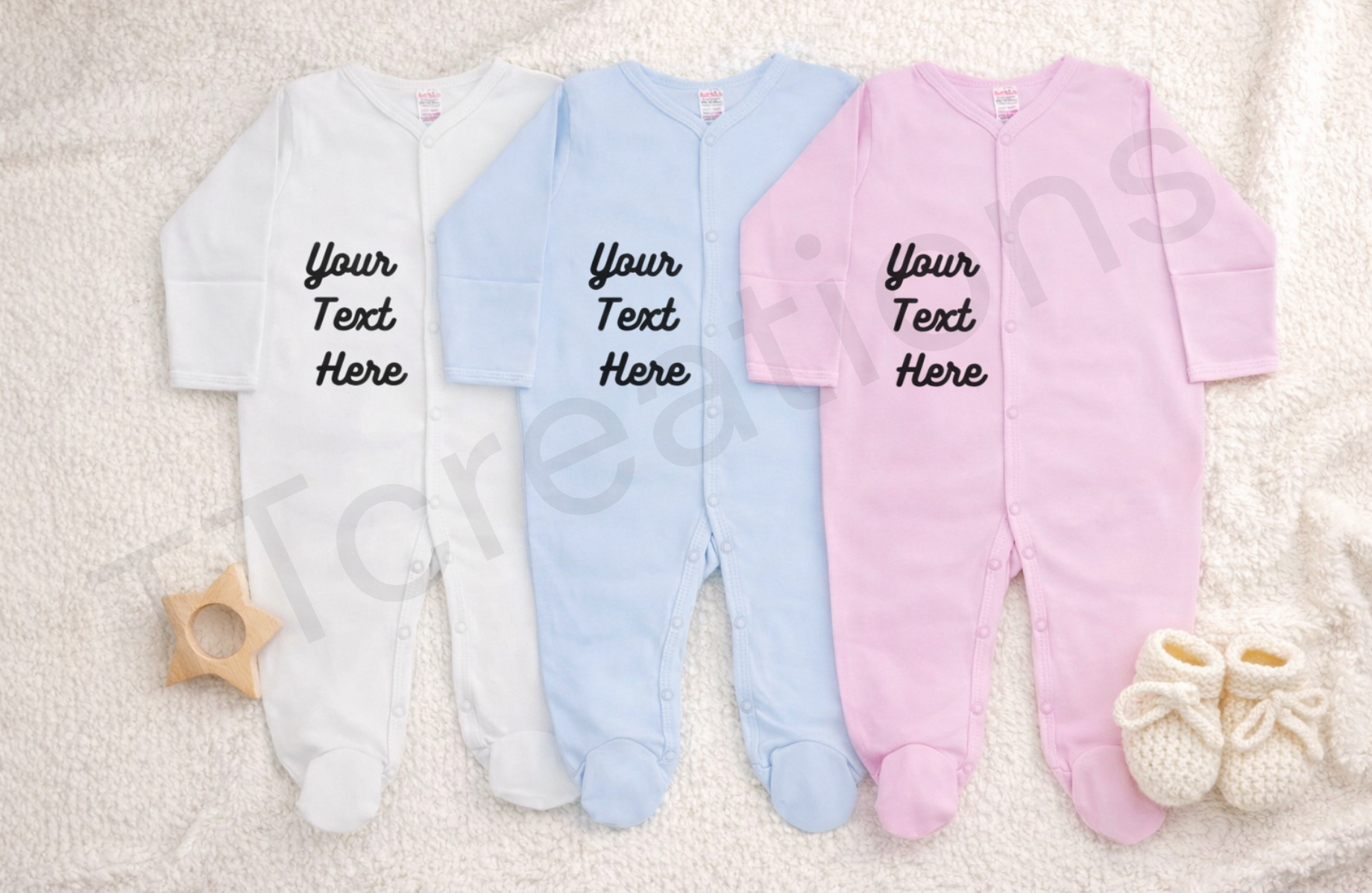 White, Blue or Pink personalised baby sleepsuit featuring custom name text, made from soft cotton and suitable for newborns, ideal as a baby shower or personalised newborn gift.