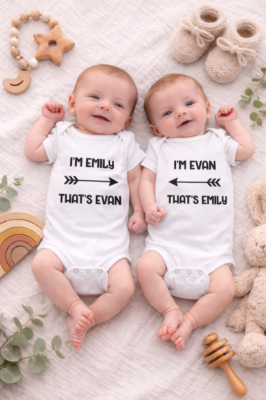 Custom Twin Baby Name Bodysuits – Matching Arrow Design Set