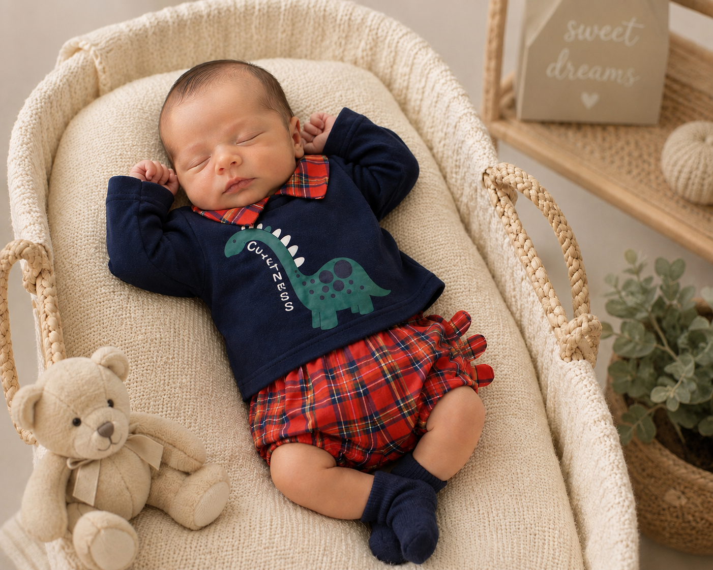 Newborn baby wearing cuteness dinosaur Spanish 2-piece tartan set with navy top and red tartan bloomer shorts