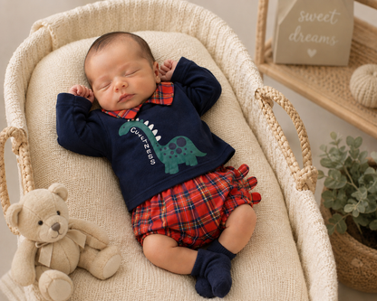 Newborn baby wearing cuteness dinosaur Spanish 2-piece tartan set with navy top and red tartan bloomer shorts