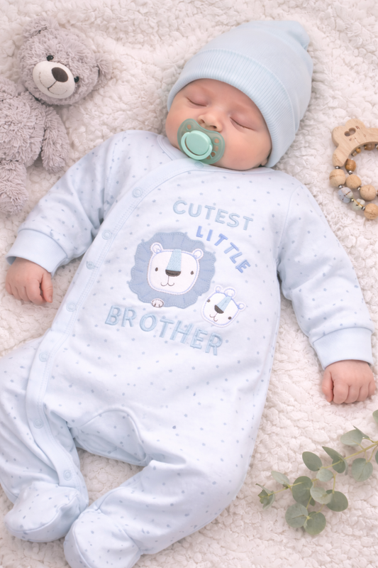 Baby in blue 'Cutest Little Brother' outfit lying on a soft surface with toys around