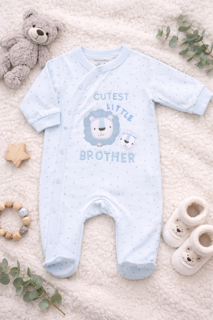 Blue baby onesie with 'Cutest Little Brother' text on a soft surface with toys around