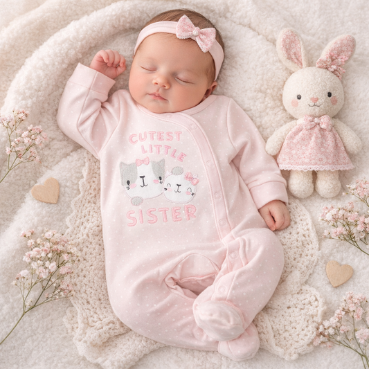 Newborn baby in a pink 'Cutest Little Sister' outfit with a bunny toy on a soft surface.