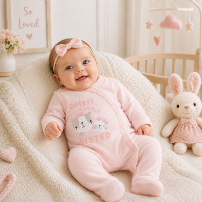 A baby wearing a pink footed sleeper with a cat graphic and the words 'Cuteest Little Sister' sits on a cream blanket in a nursery setting, next to a plush bunny toy.