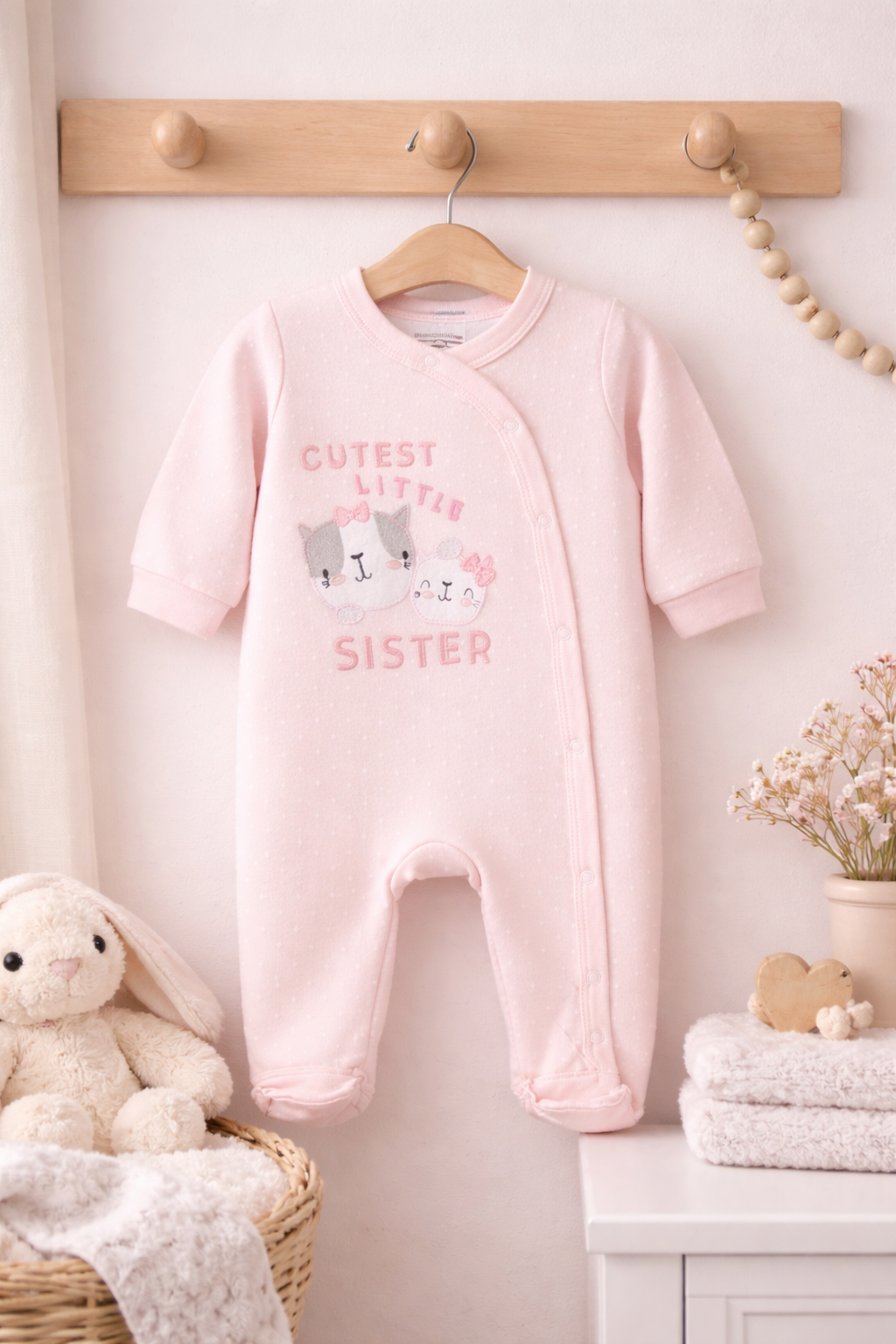Pink baby onesie with text on a wooden hanger against a light background