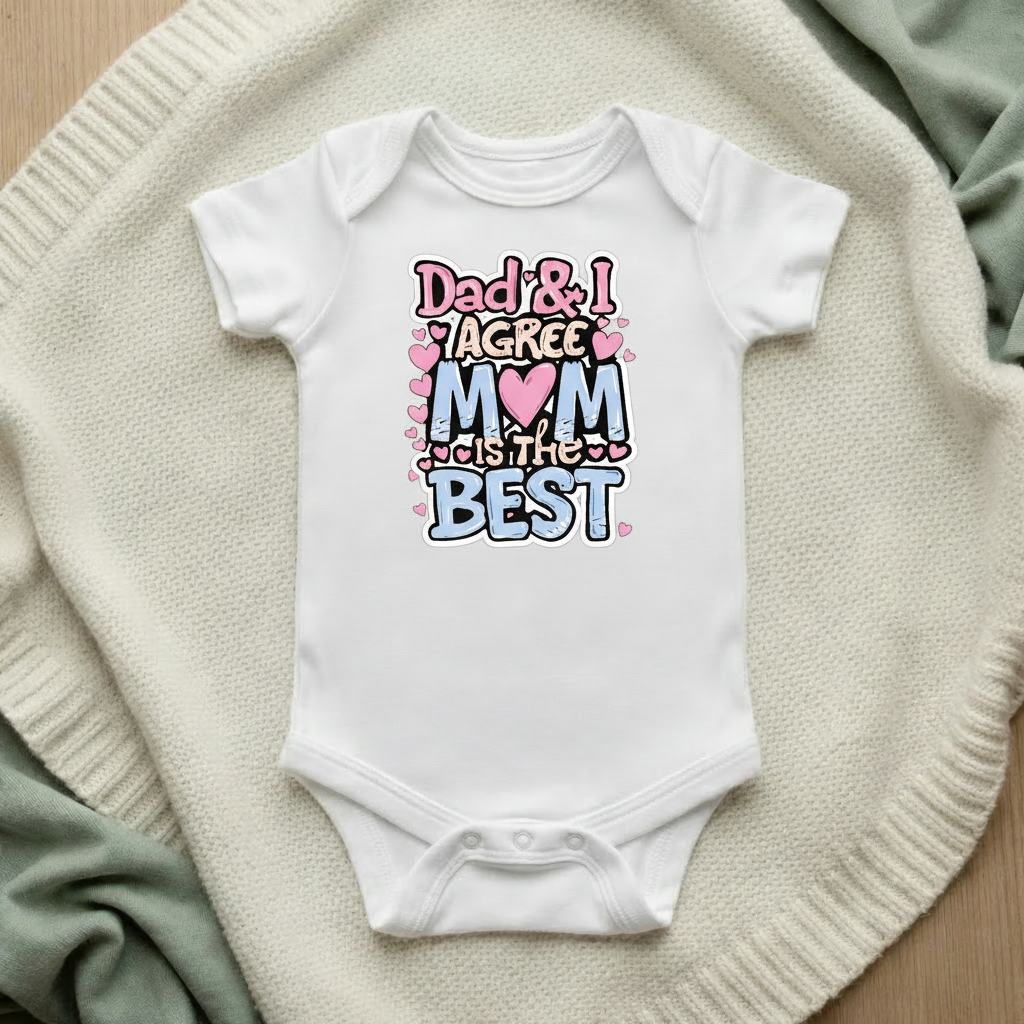 Dad and I Agree Mom is the Best baby bodysuit mockup flat lay on cream knit blanket