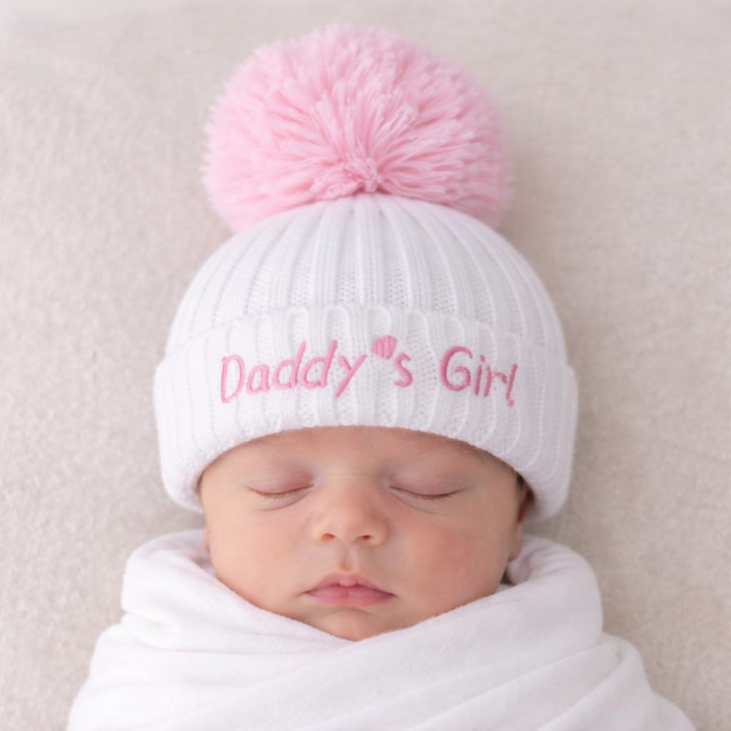 Newborn baby wearing a white knit hat with a pink pom-pom and 'Daddy's Girl' text, wrapped in white fabric.